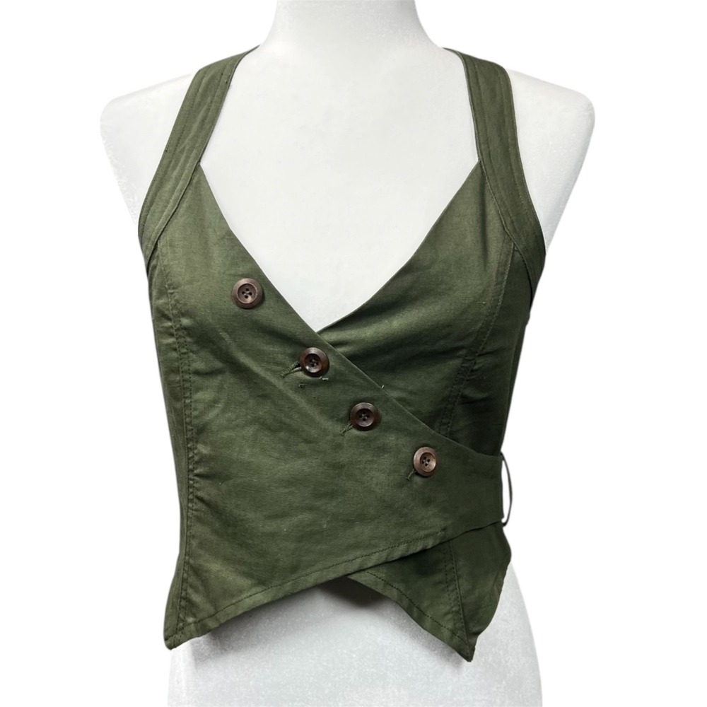 New Moon River Halter Top Small Army Green Asymmetric Linen‎ Blend Festival Sexy